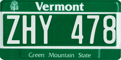 VT license plate ZHY478