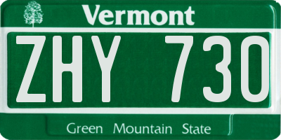 VT license plate ZHY730