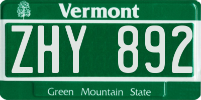 VT license plate ZHY892