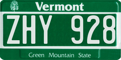 VT license plate ZHY928
