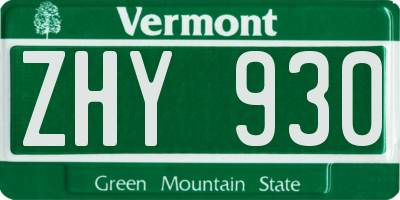 VT license plate ZHY930
