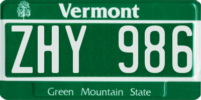 VT license plate ZHY986