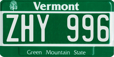 VT license plate ZHY996