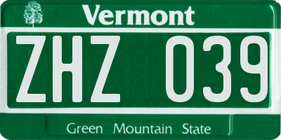 VT license plate ZHZ039