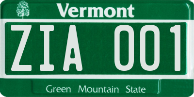 VT license plate ZIA001