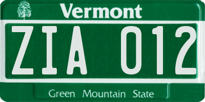VT license plate ZIA012