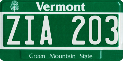VT license plate ZIA203