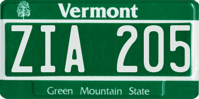 VT license plate ZIA205