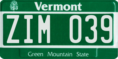 VT license plate ZIM039