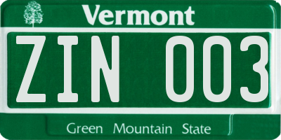 VT license plate ZIN003