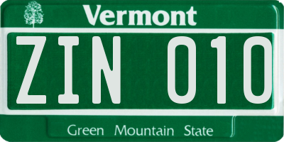 VT license plate ZIN010