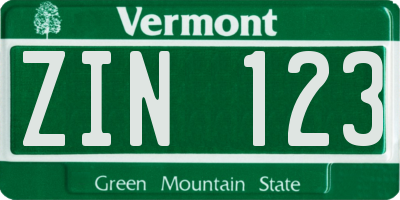 VT license plate ZIN123