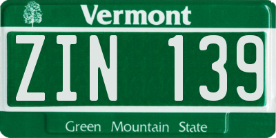 VT license plate ZIN139