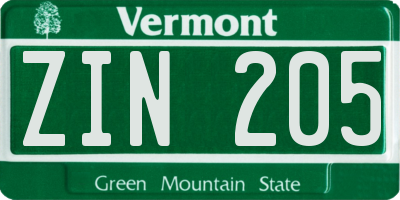 VT license plate ZIN205