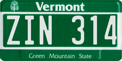 VT license plate ZIN314
