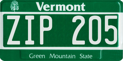 VT license plate ZIP205