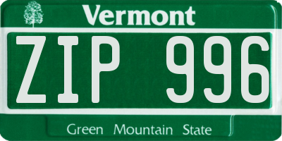 VT license plate ZIP996
