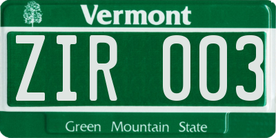 VT license plate ZIR003