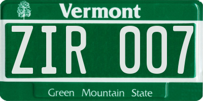 VT license plate ZIR007