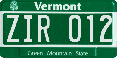 VT license plate ZIR012
