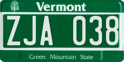 VT license plate ZJA038