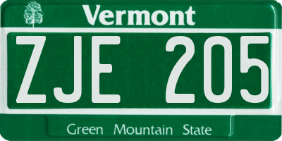 VT license plate ZJE205