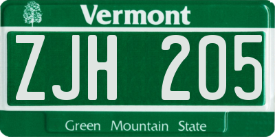 VT license plate ZJH205