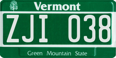 VT license plate ZJI038