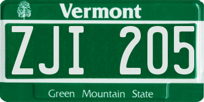 VT license plate ZJI205