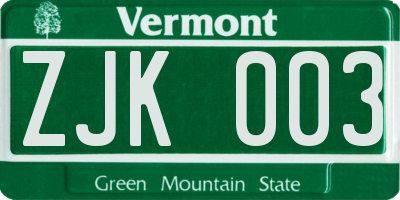 VT license plate ZJK003