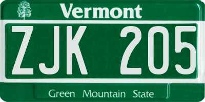VT license plate ZJK205