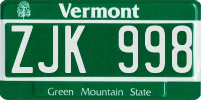 VT license plate ZJK998