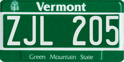 VT license plate ZJL205