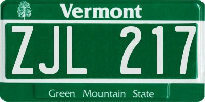VT license plate ZJL217