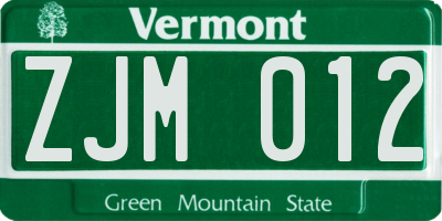 VT license plate ZJM012