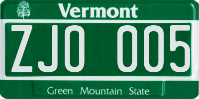 VT license plate ZJO005