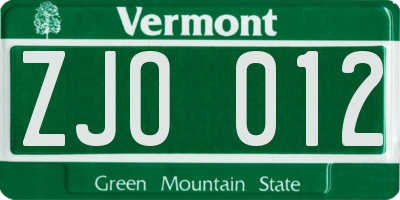 VT license plate ZJO012