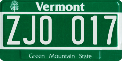 VT license plate ZJO017