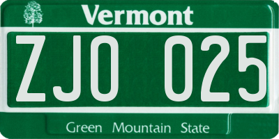VT license plate ZJO025