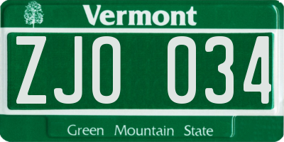 VT license plate ZJO034