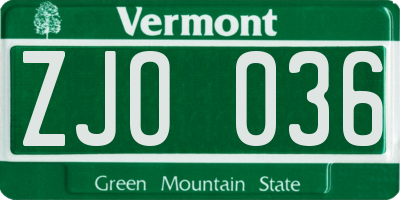 VT license plate ZJO036