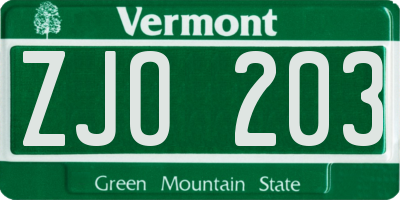 VT license plate ZJO203