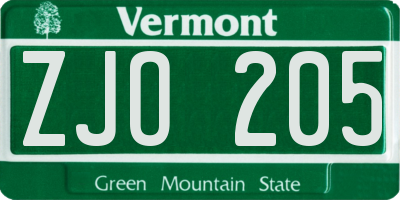 VT license plate ZJO205