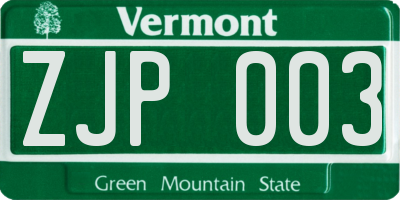 VT license plate ZJP003
