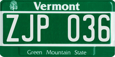 VT license plate ZJP036