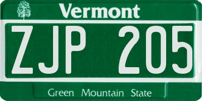 VT license plate ZJP205