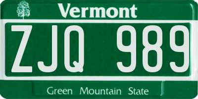 VT license plate ZJQ989