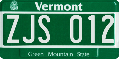 VT license plate ZJS012