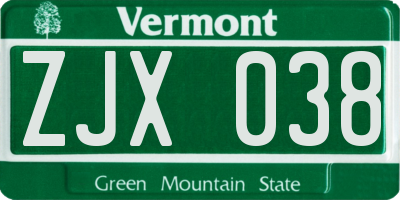 VT license plate ZJX038