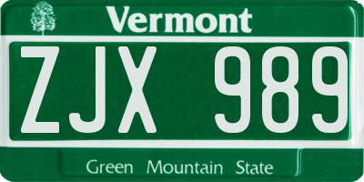 VT license plate ZJX989